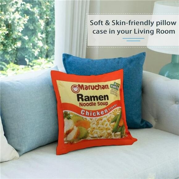 Funny Food Throw Pillow Cover 18x18 Velvet Soft Ramen Noodle Cushion for Sofa Be - Picture 3 of 7
